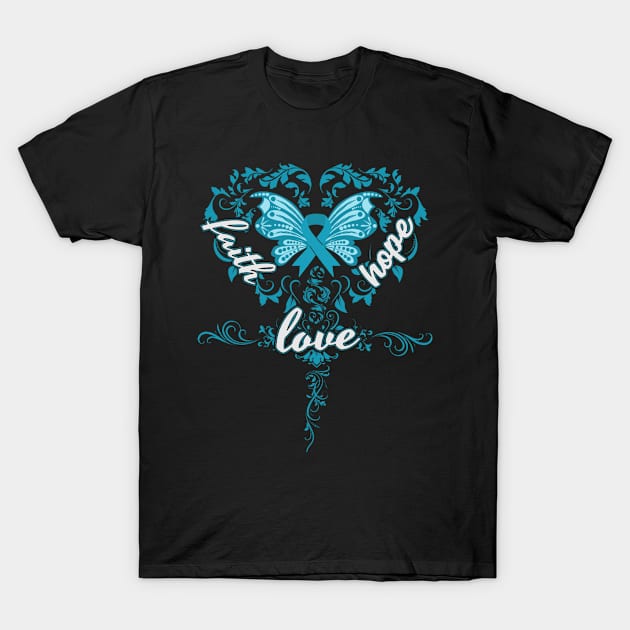 Cervical Cancer Awareness Faith Hope Love Butterfly Ribbon, In This Family No One Fights Alone T-Shirt by DAN LE